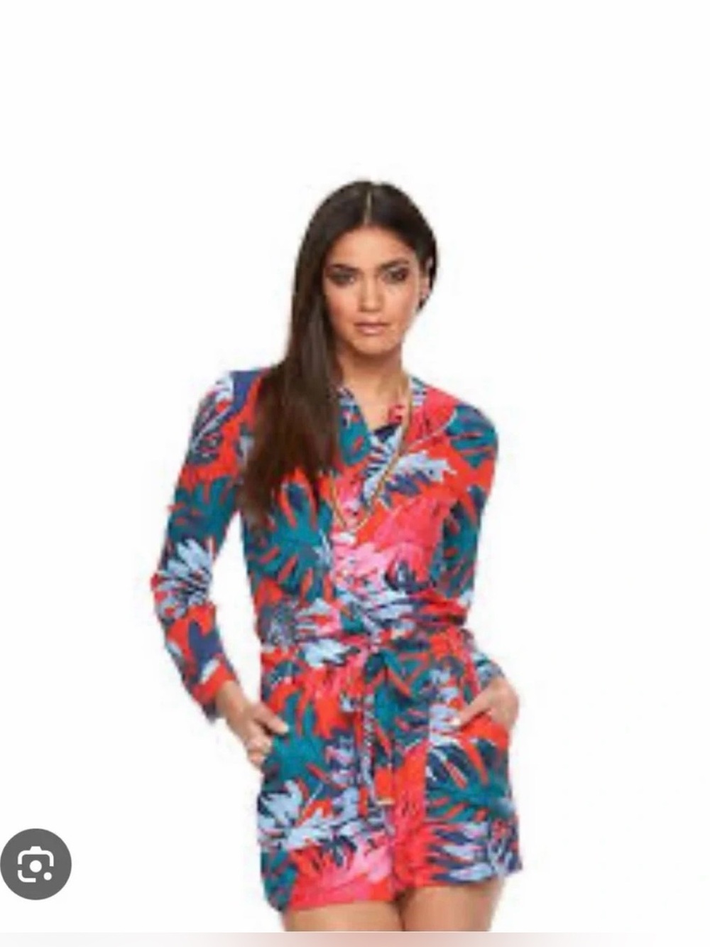 Jennifer Lopez Women’s Sz 16 Tropical Print Long-Sleeve Romper in Teal & Coral